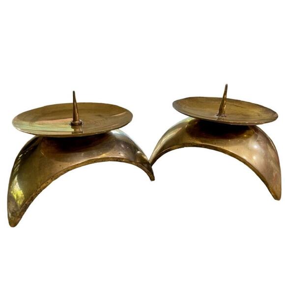 Mid Century Space Age Candleholders Solid Brass Pair • Large - Picture 2 of 8